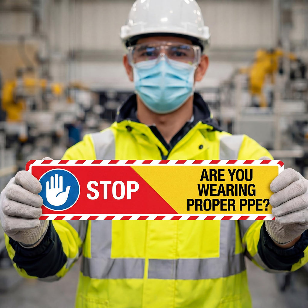 Sabary 5 PCS Stop Are You Wearing Proper PPE Sign, 26" x 6" Floor Sticker