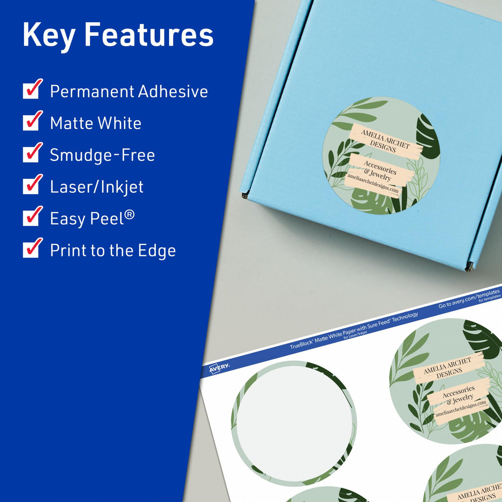 Avery TrueBlock Matte White Round Labels, Sure Feed Technology, 2.75" Diameter, 600 Matte White Labels, Print-to-The-Edge, Laser/Inkjet Printable, Great for Packaging and Product Merchandising 600 labels