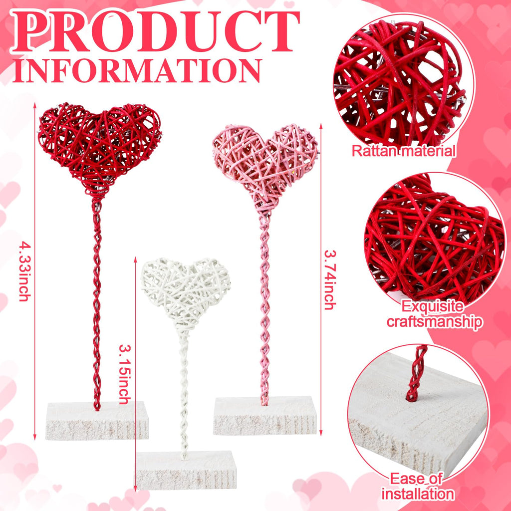 Thyle 3 Pcs Valentines Day Rustic Heart Table Sign Decor Gift Rattan Woven Handmade Love Tall Standing Heart Block Set for Home Farmhouse Tabletop Decoration Engagement Centerpiece, Red Pink White Rattan Heart