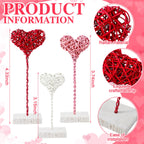 Thyle 3 Pcs Valentines Day Rustic Heart Table Sign Decor Gift Rattan Woven Handmade Love Tall Standing Heart Block Set for Home Farmhouse Tabletop Decoration Engagement Centerpiece, Red Pink White Rattan Heart