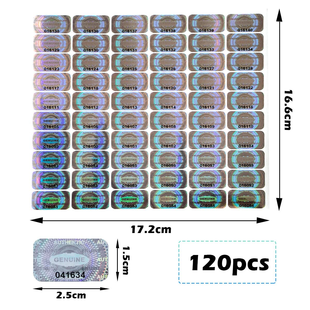 dose not apply 120 Pcs Authentic Hologram Labels/Stickers Silver Transfer Tamper Evident Security Warranty Void Seals / Stickers High with Unique Sequential Serial Numbering(1X0.6 inch) 120pcs