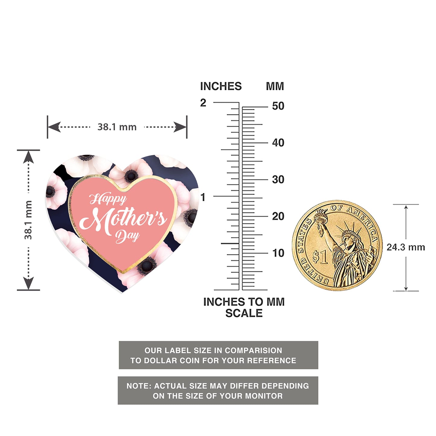 Easykart 500 Happy Mother's Day Stickers with Flowers Heart Shaped with Gold Foiling, Mother's Day Party Favor Sticker Labels for Classroom Candy Bags (1.5 Inch)