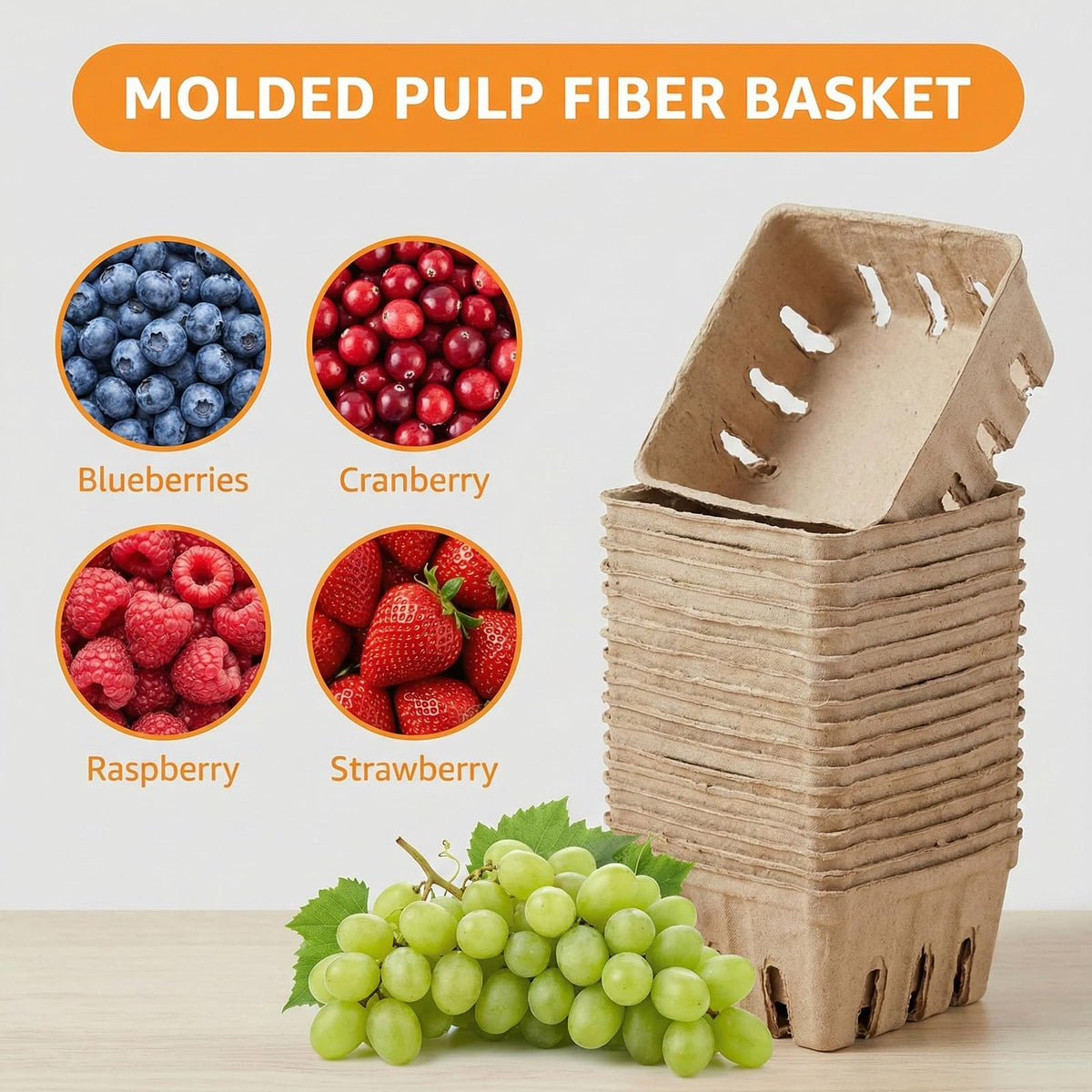 15 Pack Natural Pulp Fiber Berry Basket, Small Vented Produce Baskets