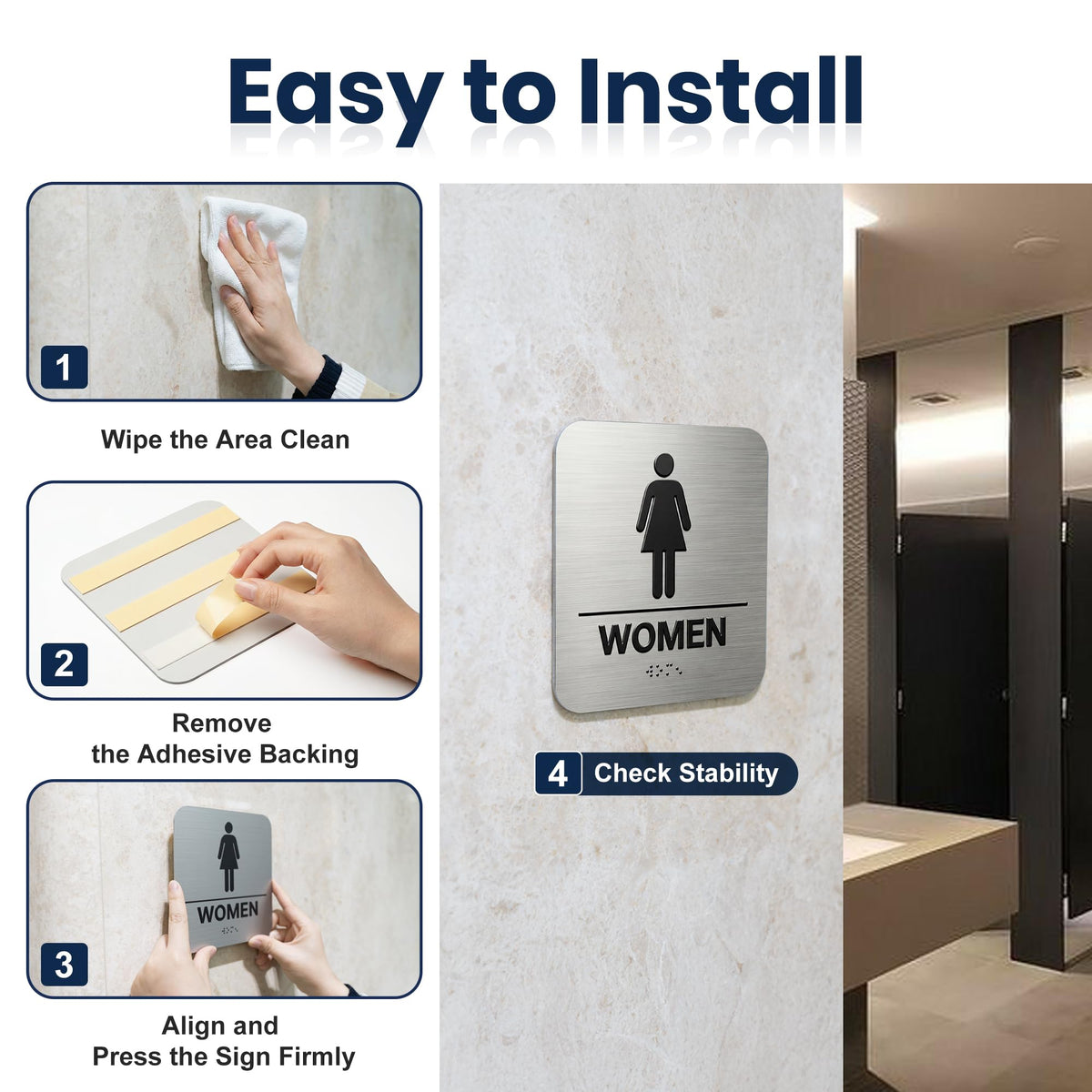 Restroom Sign, ADA Compliant Braille Bathroom Sign, Self-Adhesive Restroom Signs for Business, Men Women Bathroom Signs Ideal for Offices, Hotels, Restaurants, Retail and Residential Spaces, Brushed Aluminum