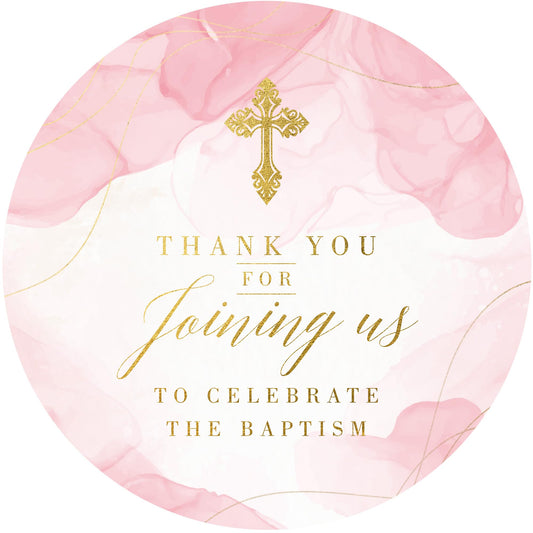 Mobiusea Creation Baptism Stickers for Girls | 2 inch | Pink Watercolor with Gold Foil Cross| 60pcs Waterproof Thank You Stickers Baptism Favor Tag Labels