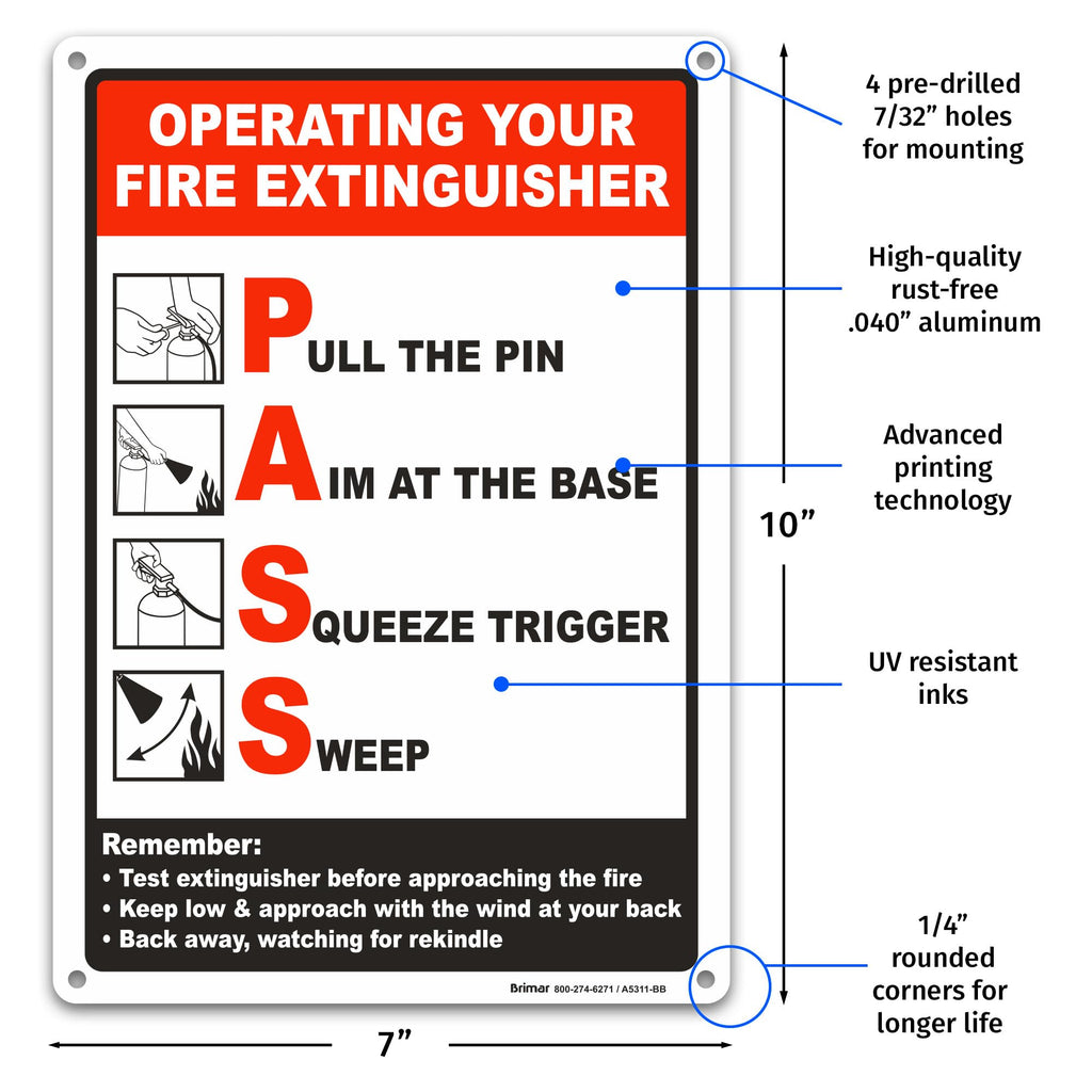 Brimar Operating Your Fire Extinguisher Sign, 7 X 10" Rust-Free Aluminum