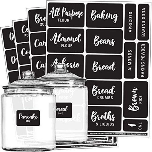 Talented Kitchen 128 Pcs Preprinted Chalkboard Pantry Labels for Storage Bins & Kitchen Organization - Waterproof Food Labels for Jars & Food Storage Container Chalkboard Cursive Pantry Set - 128 Labels X-large