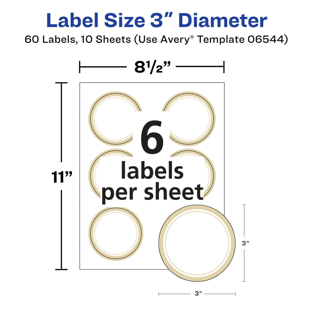 Avery Matte White Labels, Metallic Gold Borders, 3" Round Labels, 60 Total, Laser/Inkjet Printable (6544) 10 Sheets 3"