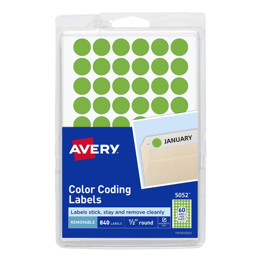 Avery Removable Neon Green Dot Stickers 1/2 Inch, Pack of 840 Round Stickers (5052),Small Small