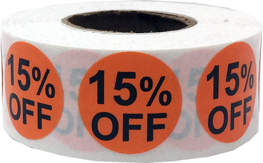 15% Percent Off Stickers for Retail 0.75 Inch 500 Adhesive Labels