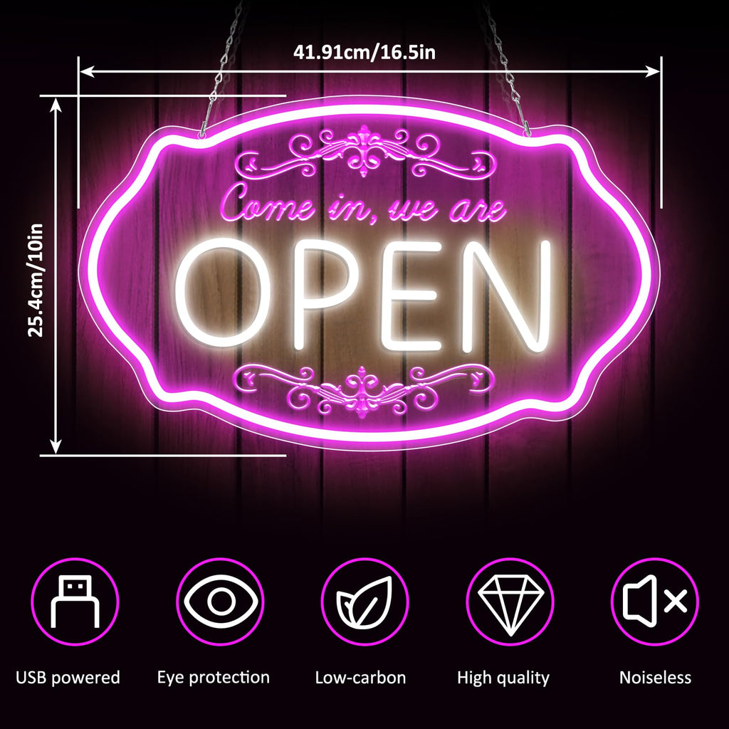 LED Neon Open Sign for Business, 16.5 x 10'' Come In, We're Open Sign, Pink & White Adjustable Brightness Neon Lights for Party, Bar, Salon, Stores, Wall Decor, Clubs, Hotels 16.5*10'' Open (Pink&White)