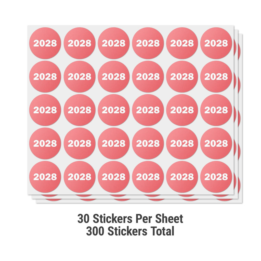 2028 Year Labels, 0.75 Inch Round, Red, 300 Count 2028 10 Sheets