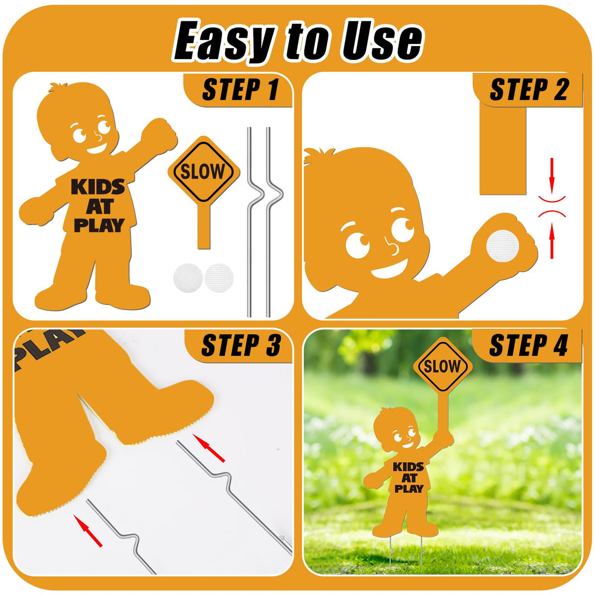 4 Pack Slow Down Kids at Play Signs for Street 16 x 12 Inches Double Sided Children Playing Safety Sign with Metal Stake Neighborhood Street Caution Yard Signs Orange 4