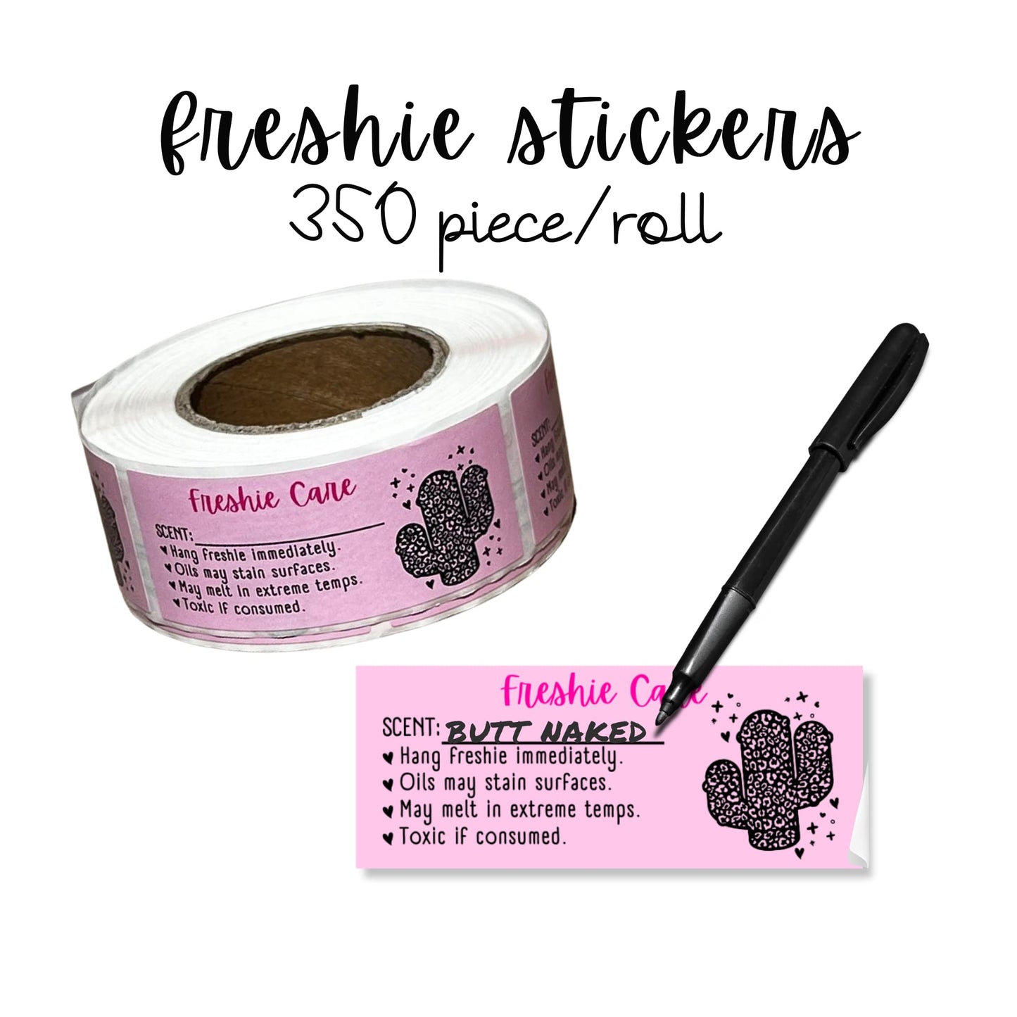 Freshie Care Instruction Card Sticker with Line to Write in Scent | 350 pc roll | Leopard Cactus Pink Warning Labels Customer Package 1x2.5”