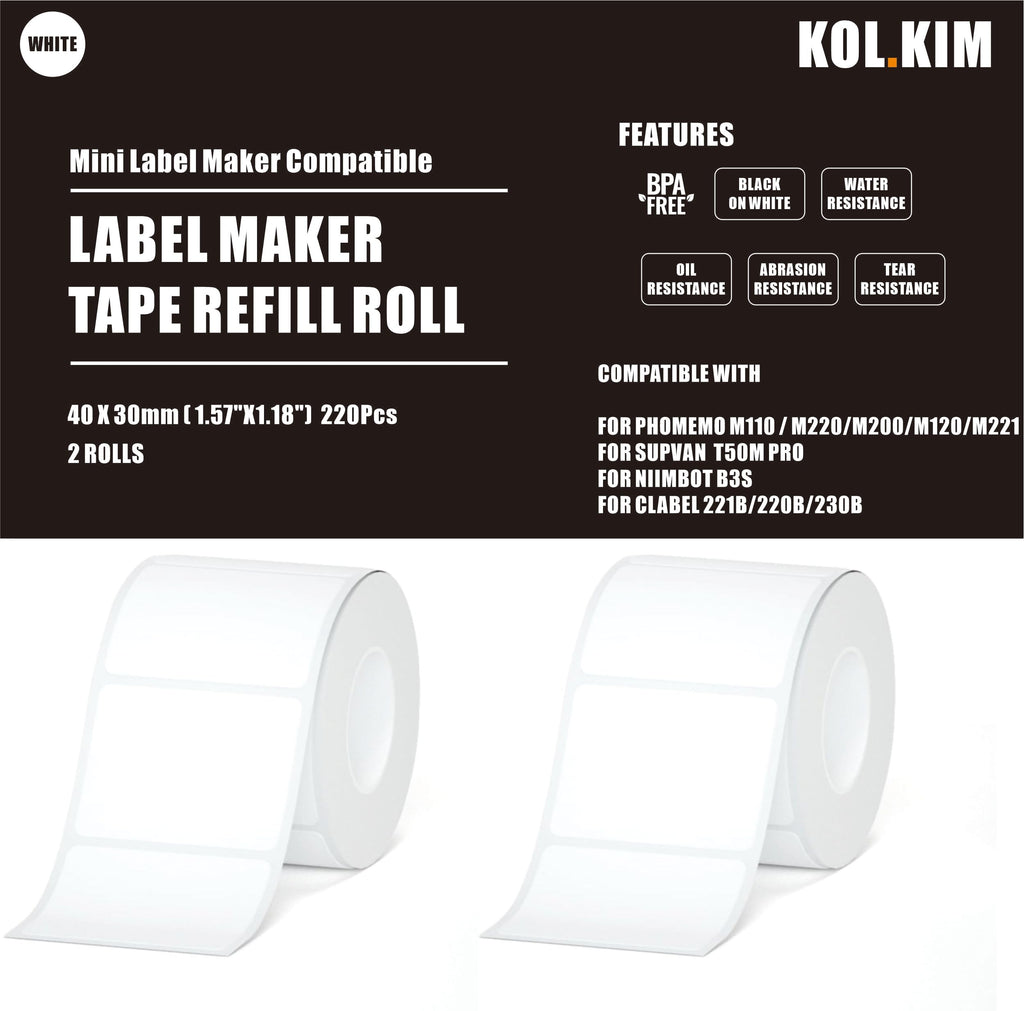 M110 Thermal Labels, 1.57''x1.18'' Compatible for Phomemo Printer M110 M220 M200 M120 M221 Labels Print Master Refill for NADA Print N20 Label Refill Clabel 221B 40x30mm 2 Rolls White 40x30mm White 2 Rolls