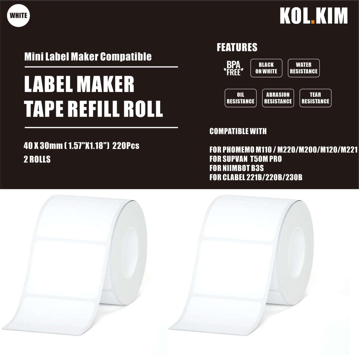 M110 Thermal Labels, 1.57''x1.18'' Compatible for Phomemo Printer M110 M220 M200 M120 M221 Labels Print Master Refill for NADA Print N20 Label Refill Clabel 221B 40x30mm 2 Rolls White 40x30mm White 2 Rolls