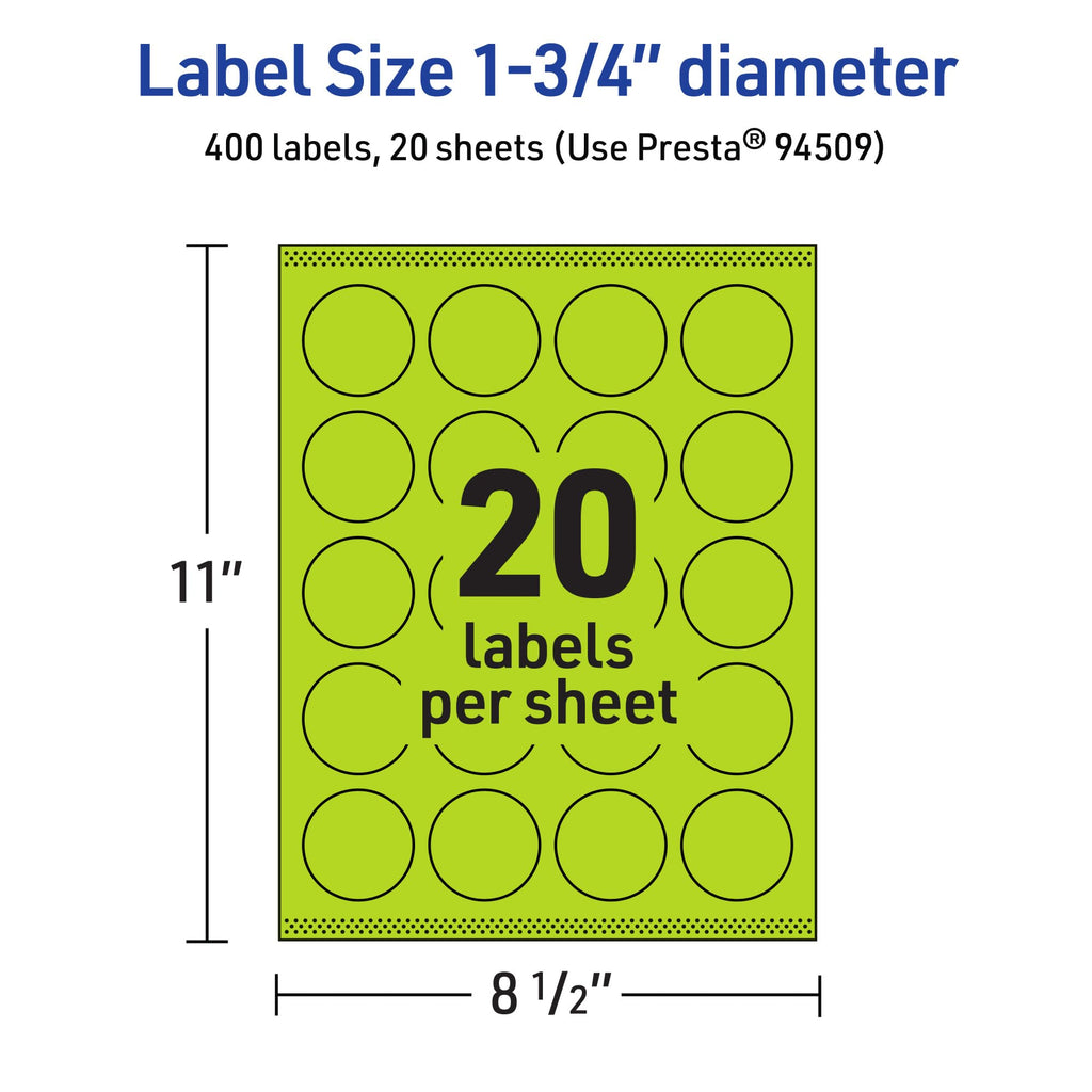 Avery Printable Round Labels, Sure Feed Technology, 1-3/4" Diameter, Bright Green Labels, Print-to-The-Edge, Laser/Inkjet Printable, 400 Total, Great for Stickers and Candles 400 labels