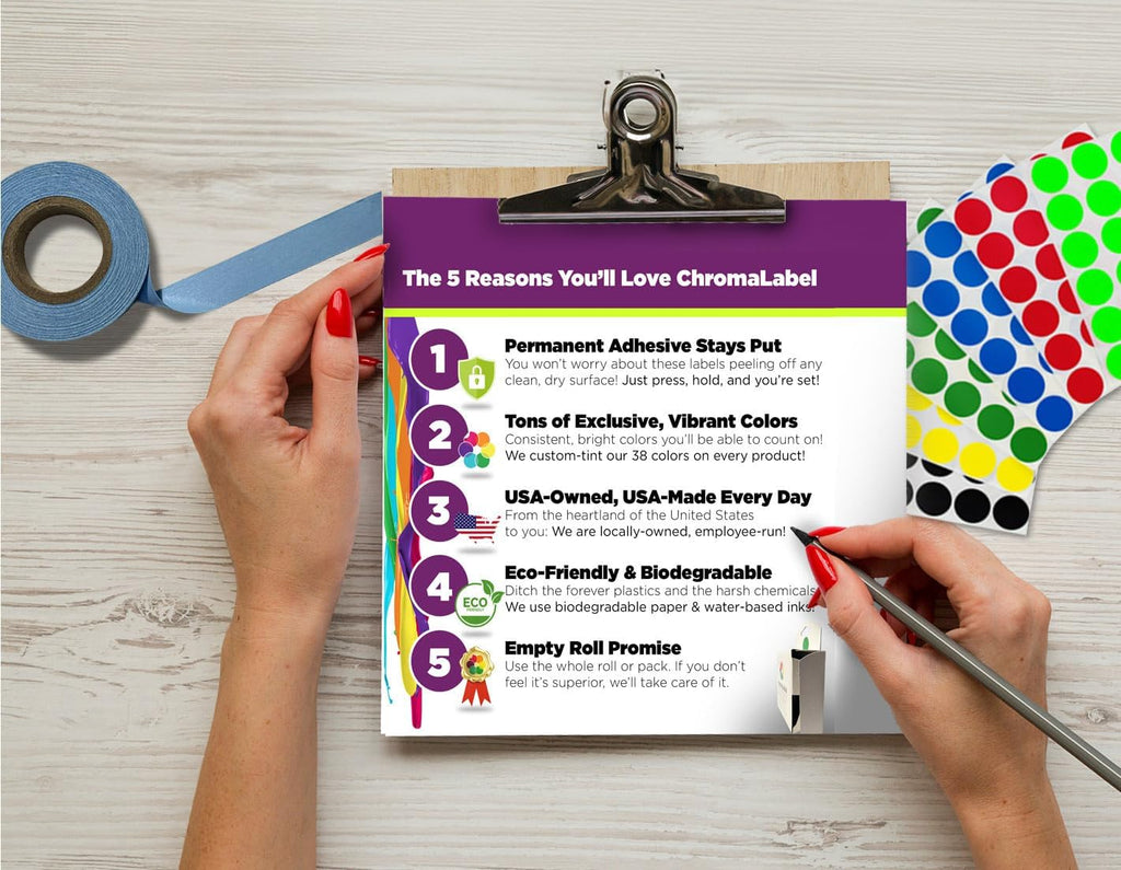 ChromaLabel 1-inch round black color-coding label dots on a white background, 1000 per dispenser box for organization and marking.