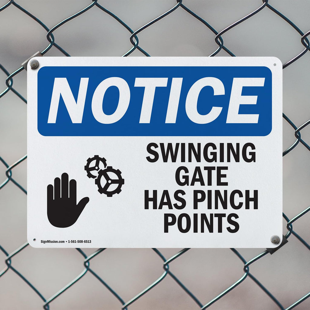 (2 Pack) Swinging Gate Has Pinch Points OSHA Notice Sign 10 Inch X 7 Inch Indoor/Outdoor Rust-Free Aluminum Metal Signs for Workplace, Workshop, and Construction Site, Made in the USA