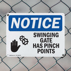 (2 Pack) Swinging Gate Has Pinch Points OSHA Notice Sign 10 Inch X 7 Inch Indoor/Outdoor Rust-Free Aluminum Metal Signs for Workplace, Workshop, and Construction Site, Made in the USA