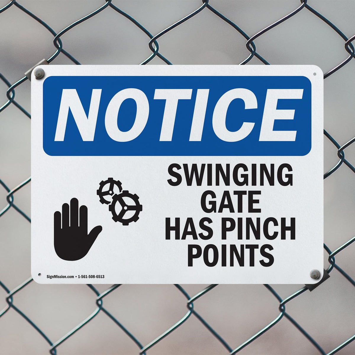 (2 Pack) Swinging Gate Has Pinch Points OSHA Notice Sign 10 Inch X 7 Inch Indoor/Outdoor Rust-Free Aluminum Metal Signs for Workplace, Workshop, and Construction Site, Made in the USA