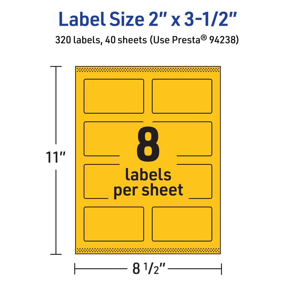Avery® Printable Rectangle Labels, Sure Feed® Technology, 2" x 3-1/2", Bright Yellow Labels, Print-to-The-Edge, Laser/Inkjet Printable, 320 Total, Great for Mailing and Candles 320 labels
