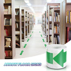 Fluorescent green PATIKIL adhesive arrow floor sticker, 3x6 inches, used for directional marking in classrooms and warehouses.