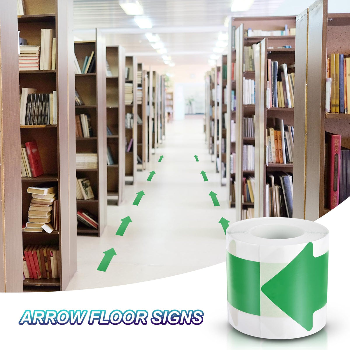 Fluorescent green PATIKIL adhesive arrow floor sticker, 3x6 inches, used for directional marking in classrooms and warehouses.