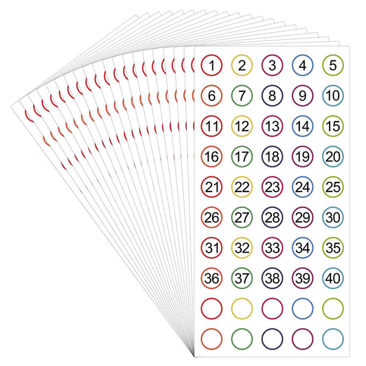 1000 Pcs Number Stickers 1-40 20 Sheets Dot Consecutive Number Labels Removable Self-Adhesive Colored Numbered Decals Without Residue for Office Classroom Indoor Storage Boxes Desks Chairs