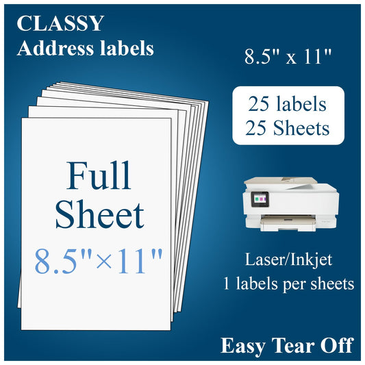 Sticker Paper, Full Sheet Shipping Labels 8.5 x 11, Self Adhesive Full Sheet Mailing Label for Laser and Inkjet Printers- 25 Sheets, 25 Labels 8.5"x11"-- (25 Sheets))
