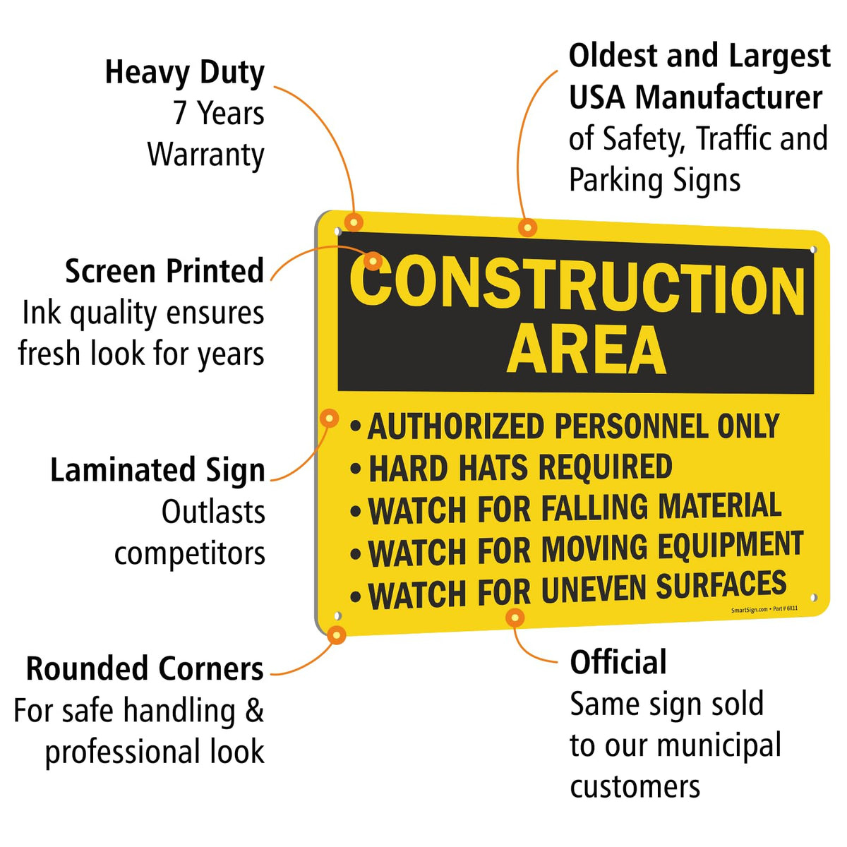 SmartSign "Construction Area - Authorized Personnel Only, Hard Hats Required" Sign | 10" x 14" Aluminum 10" x 14"