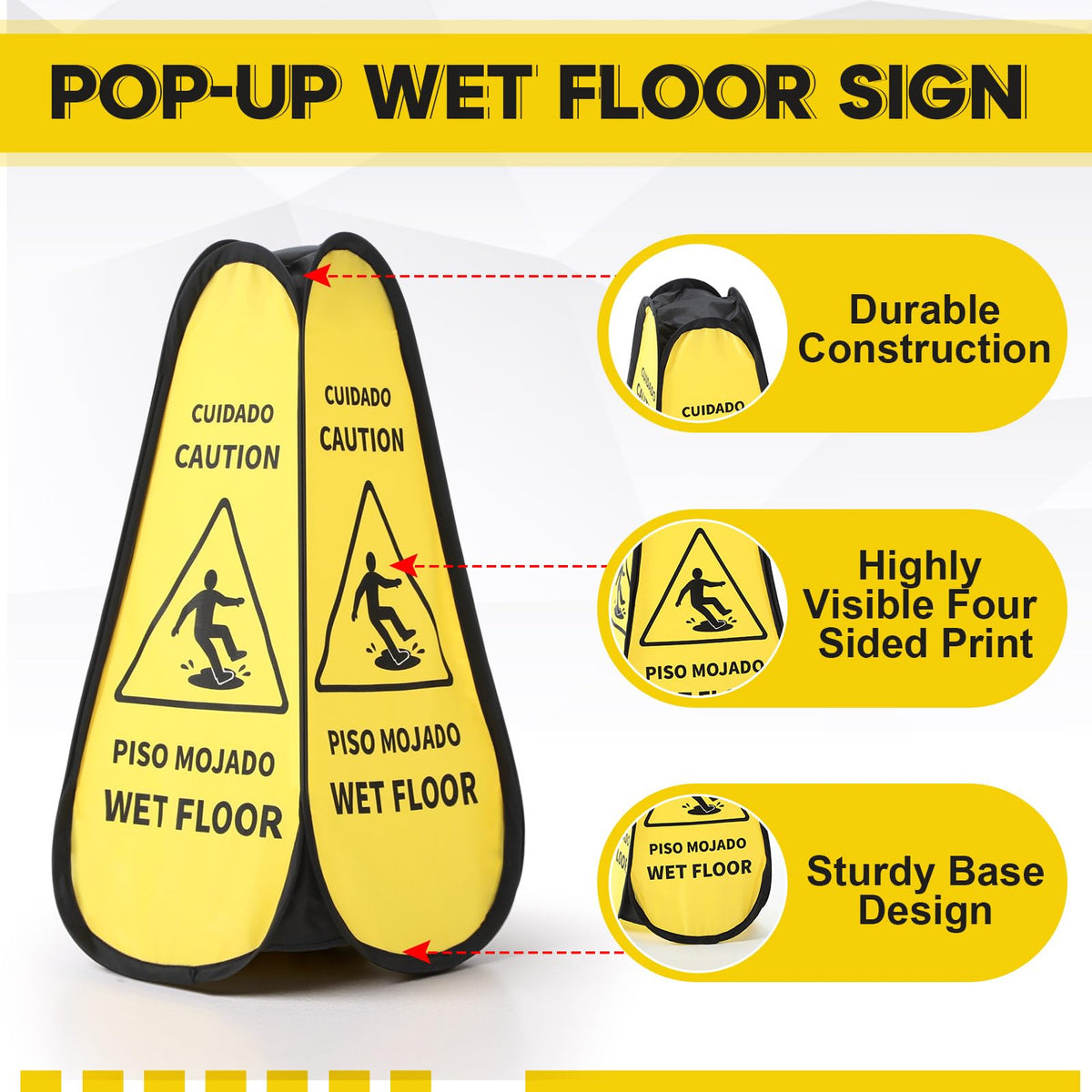 Sabary 6 Pcs 24 Inches Pop up Wet Floor Sign Yellow 4-sided Foldable Bilingual Caution Wet Floor Sign Safety Warnings Caution Cone for Commercial Office Stores Grocery Restaurant Indoors & Outdoors