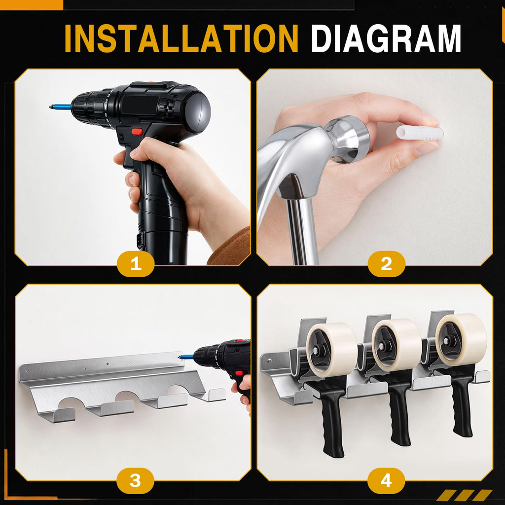 Pelopy Aluminum Wall Mount Tape Gun Holder Dispenser, Silver, 3 Roll Holder