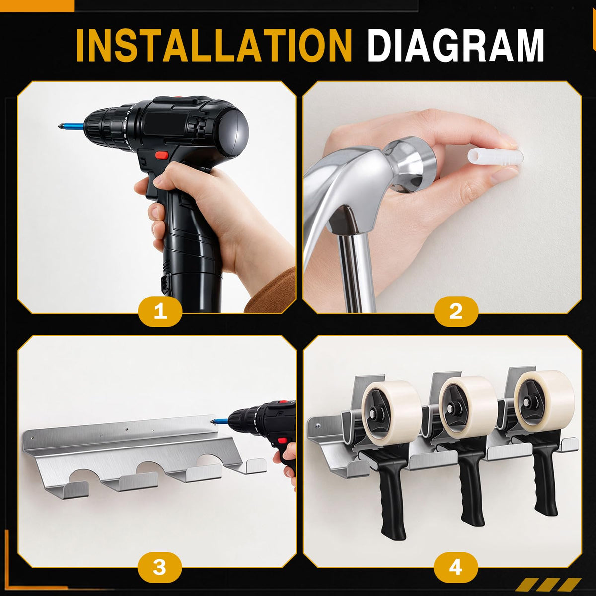 Pelopy Aluminum Wall Mount Tape Gun Holder Dispenser, Silver, 3 Roll Holder