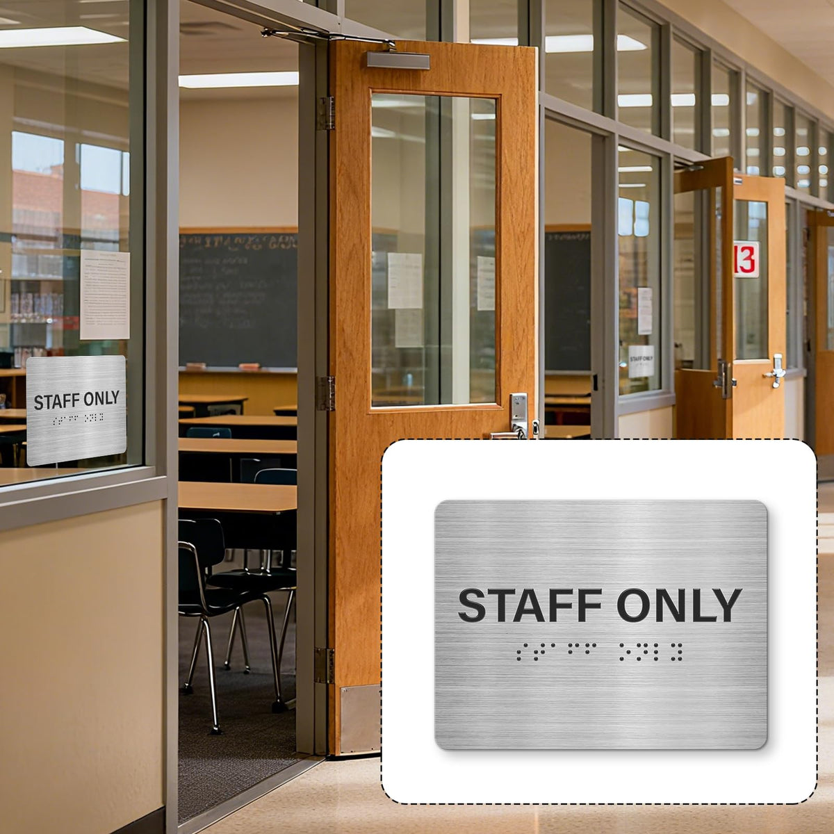 Staff Only Signs 4 Pack 6" x 8" with Braille and Tactile Identification ADA Compliant Siilver Door Sign for Offices Schools Malls Business Kitchen Silver/Black-Staff Only