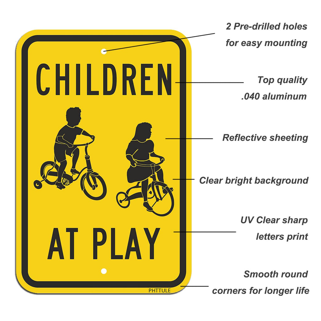 Slow Children at Play Signs 4 Pack, Slow Down Kids Playing Signature 18”x12” Rust Free .040 Aluminum, Fade Resistant Security Drive Slow Signs Black and Yellow G04