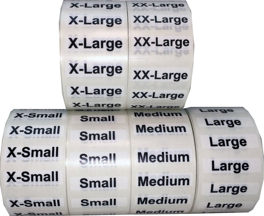 InStockLabels Clothing Size Stickers, XS-XXL - 1.25" x 5" (125 Labels/Roll, 750 Total) - Clothing Labels for Boutique Supplies, Size Labels for Clothing Tags, Packing Labels for Retail & Thrift Stores Bulk Pack