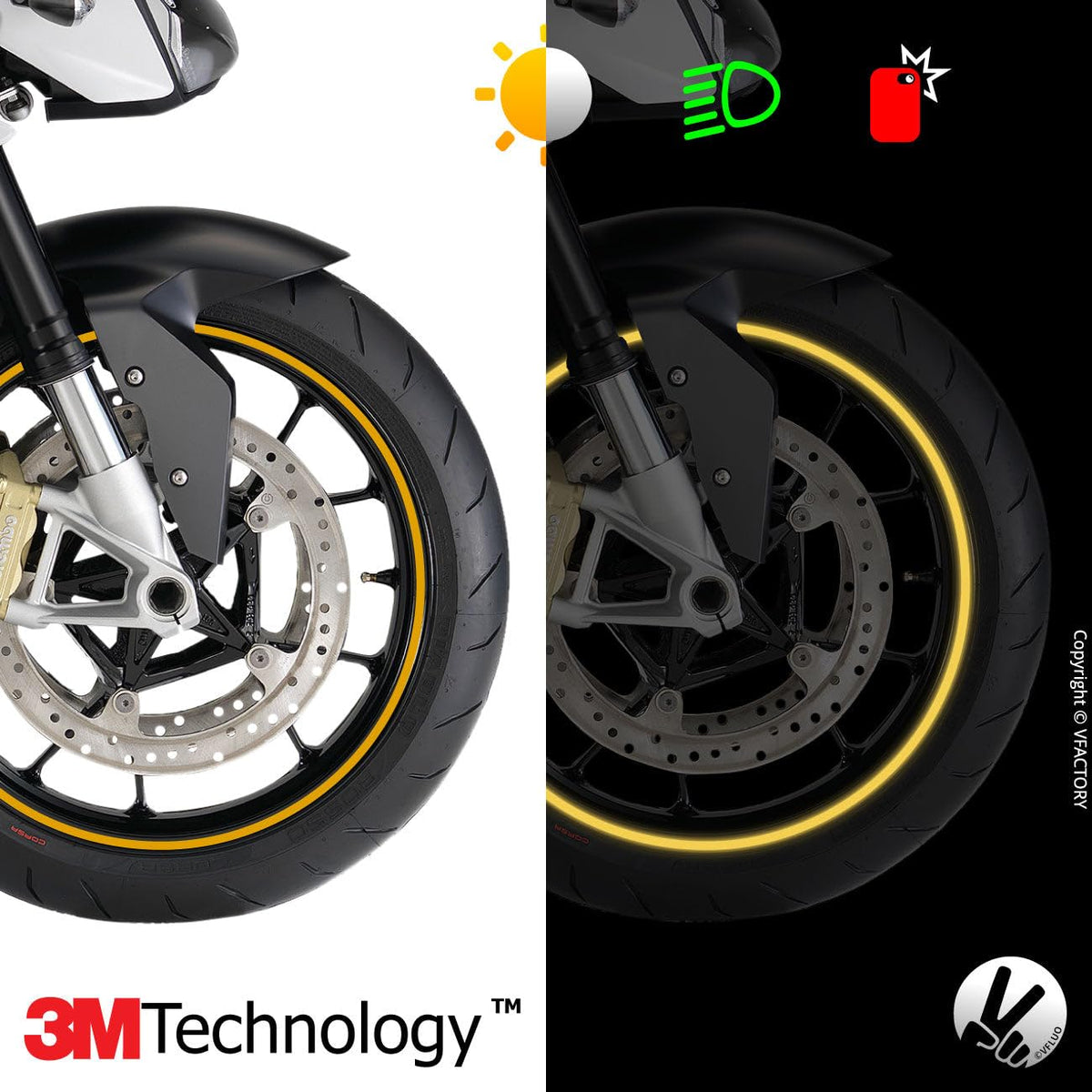 VFLUO - Motorcycle Reflective Wheel Stripes kit, 1 Wheel Rim Stickers Pack, 3M Technology™ - High lateral Visibility, Discreet and Design, Easy Installation
