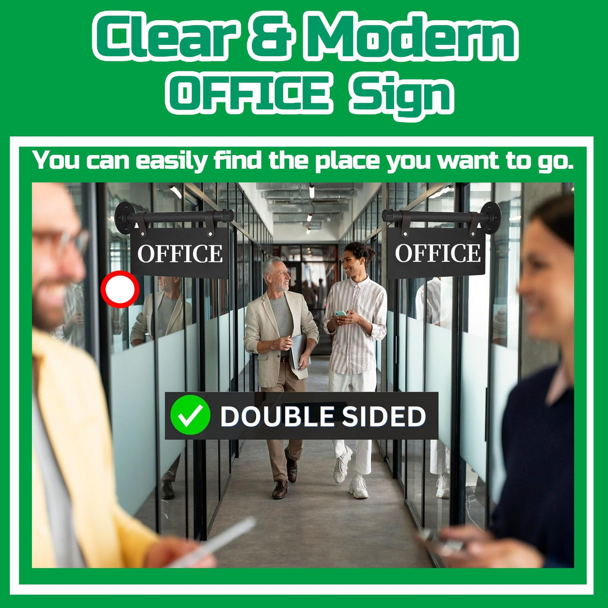 Modern Office Sign 11" x 6" Double-Sided Wall-Mounted Office Door Sign For Business UV Printed Indoor/Outdoor Pre-Drilled Holes with Metal Rod OFFICE - BLACK