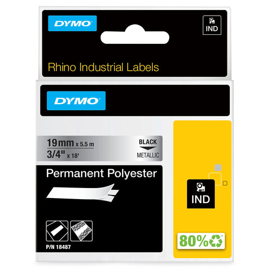 DYMO Rhino Industrial Permanent Polyester Labels, 3/4", Black Print on Metallic Tape 3/4" (19MM)