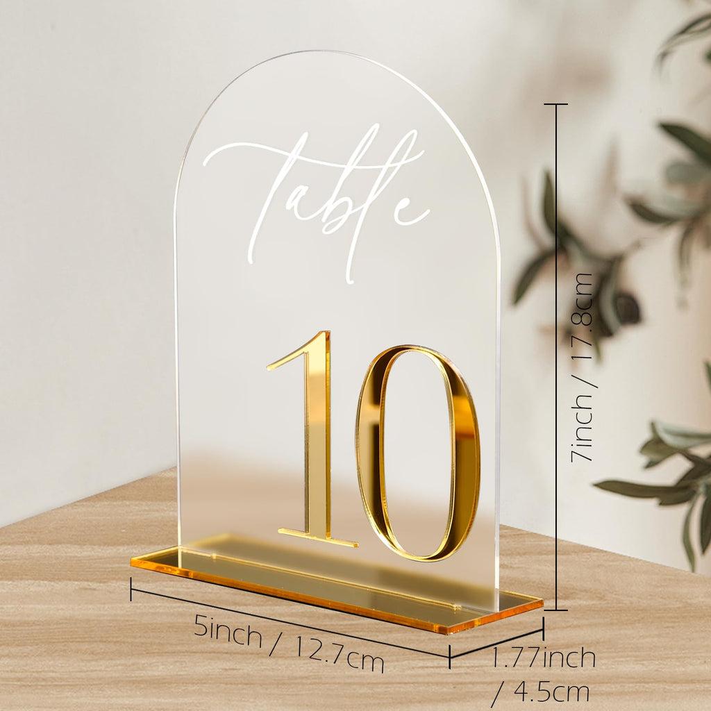 HOODO Frosted Arch Acrylic Wedding Table Numbers 1-10 with Stands, 5"x7" Arched Acrylic Signs with 3D Gold Numbers, Frosted 3D Table Numbers for Wedding Reception Frosted and Gold Font Number 1-10, 5"x7"