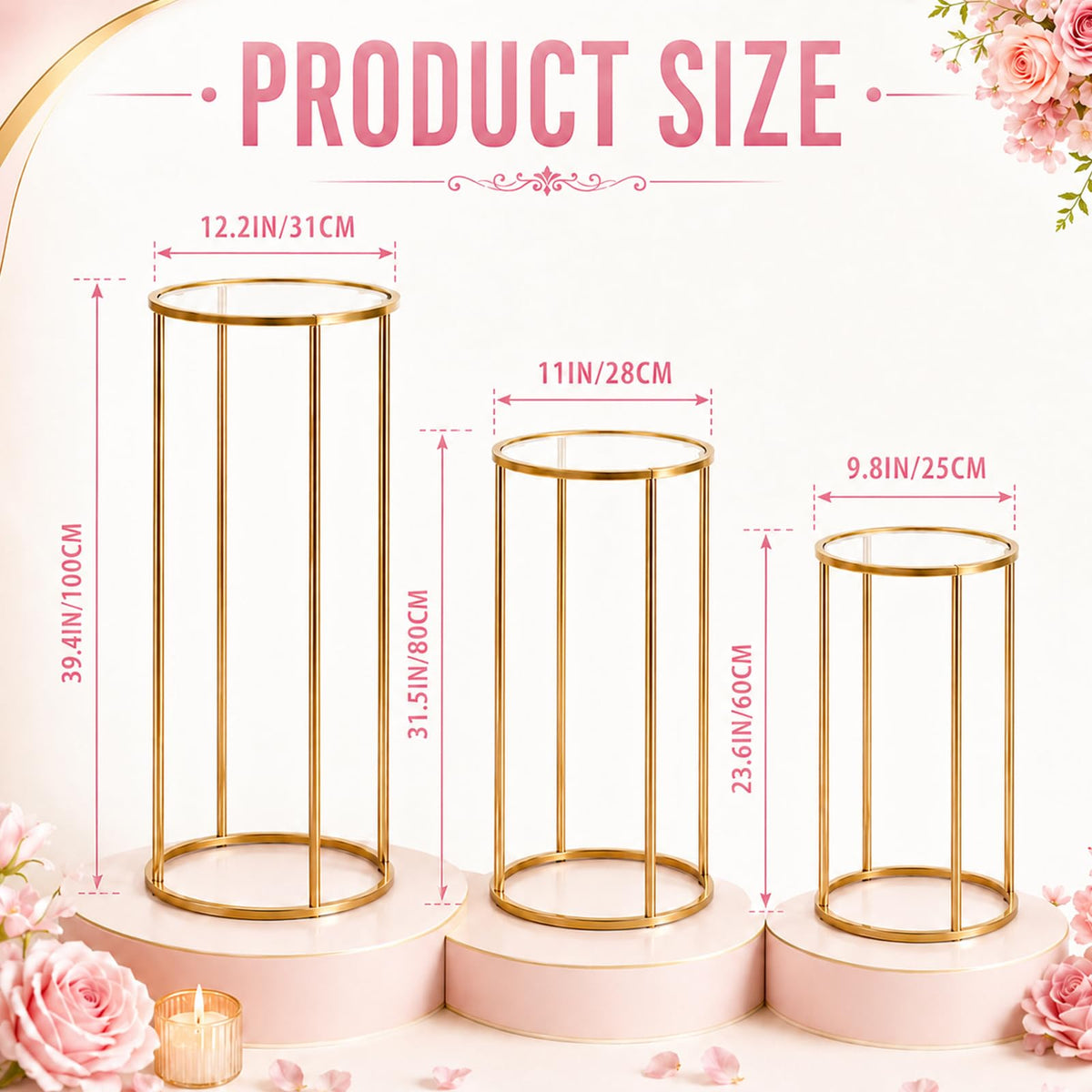 3Pcs Cylinder Stands for Party With 50 Balloons, Gold Cylinder Pedestal Stand, Cilindros para Fiestas Cake pedestal Stand Metal Round Display Plant Stand Tables for Weddings Birthday Decorations
