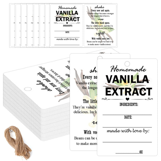 Vanilla Extract Labels with Instructions Homemade Vanilla Tag Card for Handcrafted Vanilla Bottles,Christmas Gift,Kitchen Pantry,Jar,Organization 50 Set (White) White