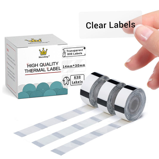 Label Maker Tape - D30 Transparent Clear Label, Waterproof Thermal Printer Label, 14x30mm/0.55x1.18inch for Name Price Classification, Compatible with Memoking/Phomemo D30 Label Maker, 3 Rolls