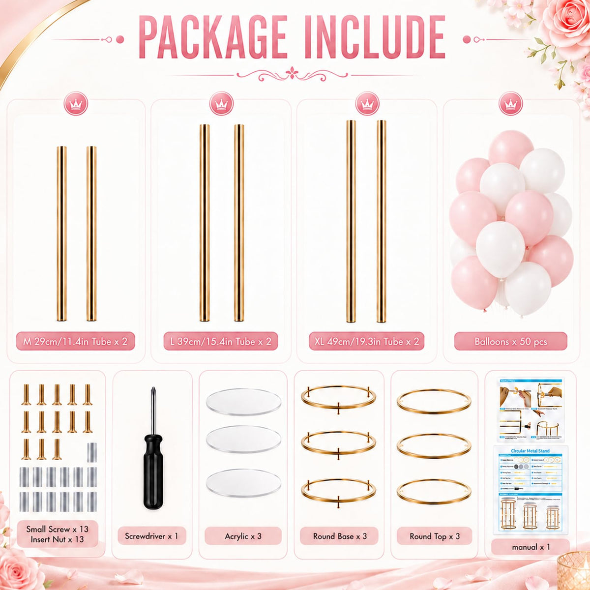 3Pcs Cylinder Stands for Party With 50 Balloons, Gold Cylinder Pedestal Stand, Cilindros para Fiestas Cake pedestal Stand Metal Round Display Plant Stand Tables for Weddings Birthday Decorations