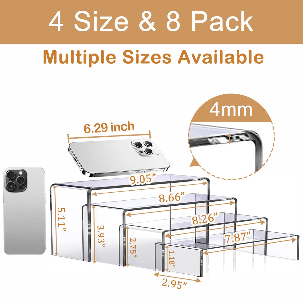 MerryNine Clear Acrylic Risers Display Stands Multi-Size Rectangular-4mm-8pcs