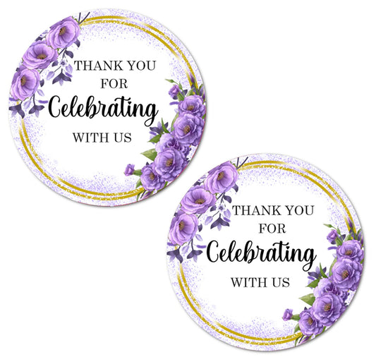 40 Violet Flowers Thank You for Celebrating with Us Stickers, 2 Inch Big Round Glossy Labels, Great for Weddings, Bridal Shower, Engagement Party, Party Favors Décor, Tags, Supplies. Made in USA.