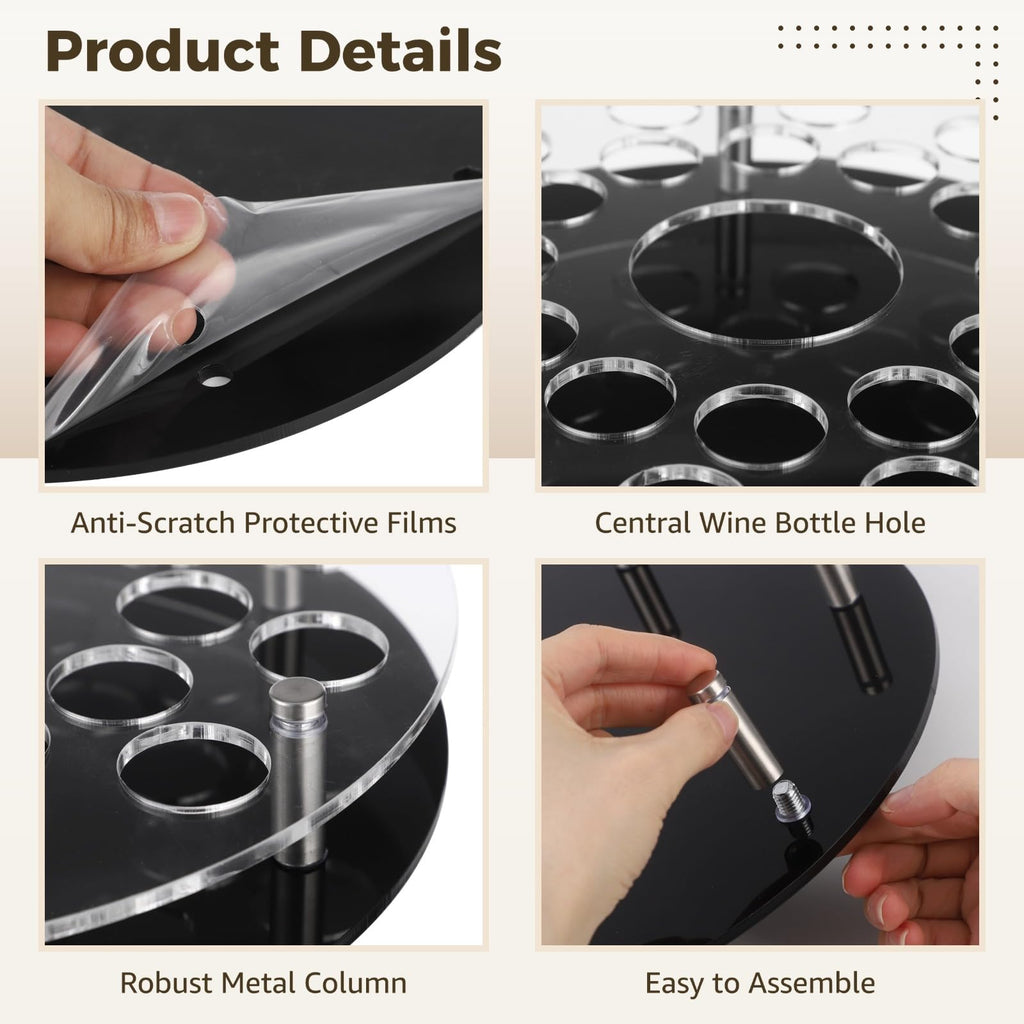 25 Holes Shot Glass Holder Tray, Acrylic Bar Circular Cup Server, Black Heavy Base Drink Display Organizer for Parties and Clubs, Center Slot for Slim Wine Bottle, Professional Home Bar Accessory