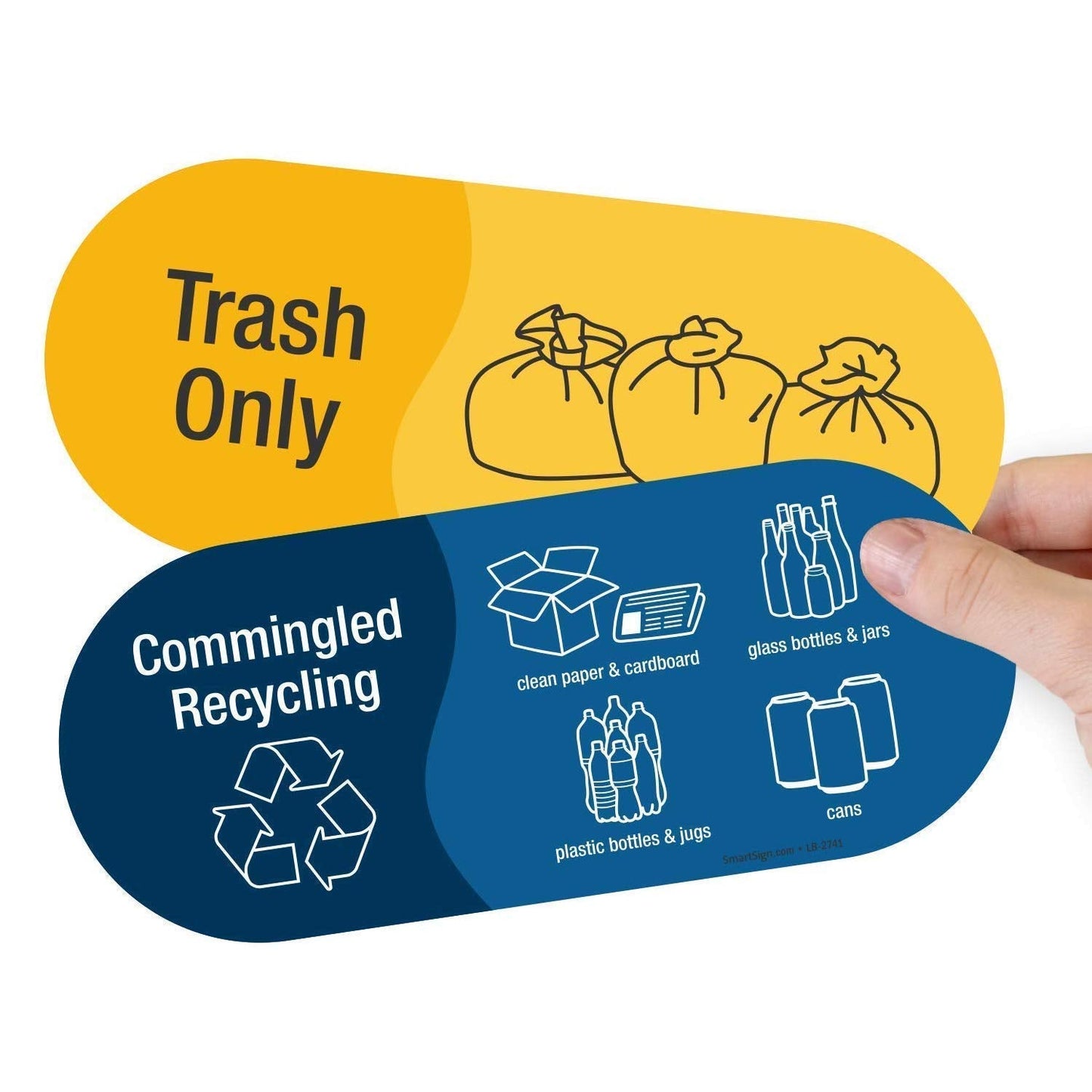 SmartSign (Pack of 4) 3.75 x 9 inch “Trash Only and Commingled Recycling” Sticker Labels with Symbols, 5 mil Laminated Polyester with SuperStick Adhesive, Multicolor, Made in USA