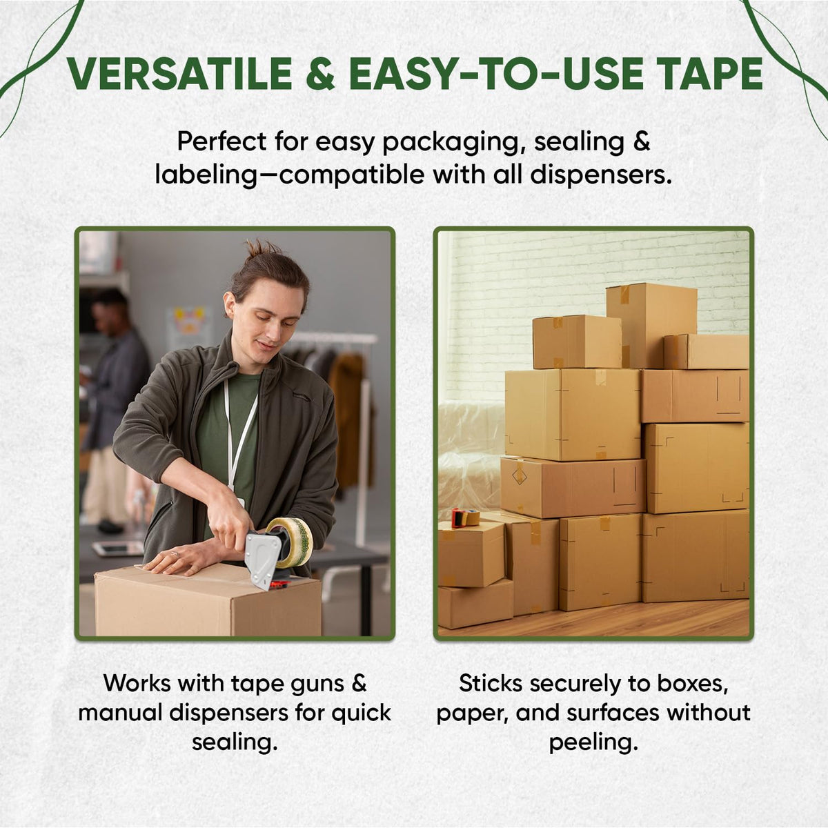 Biodegradable Packing Tape | Plant-Based Cellulose Packaging Tape | Heavy Duty All-Purpose Adhesive for Shipping, Moving, Office, Crafts | Easy-Tear, Low-Noise, Clear - 3pk 1.93 in x 70 yds 1.93 in (Printed) 3